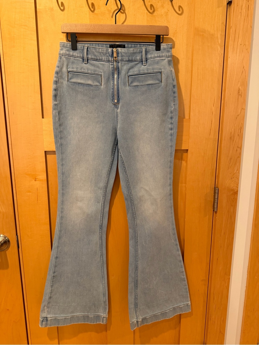 WHBM Light Wash Flared Jeans with Front Zip and Stretch - Extra High Rise